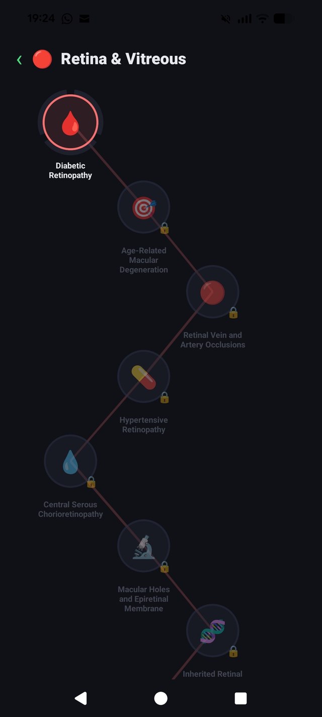 A section's lesson path, showing gamified progress through Retina & Vitreous topics